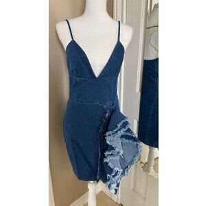 Spaghetti Strap Backless floral Denim Jeans M Dress Summer Bodycon Denim Dress